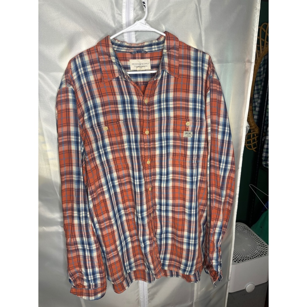 Denim & Supply Ralph Lauren Mens XXL Orange Blue Plaid Flannel Button Down Shirt